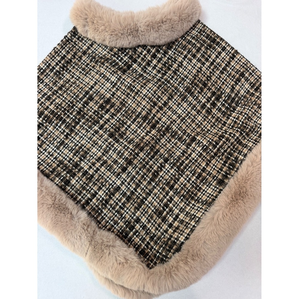 DR Fashion Apparel Plaid Tweed Poncho Faux Fur Trim Neutral Brown One Size